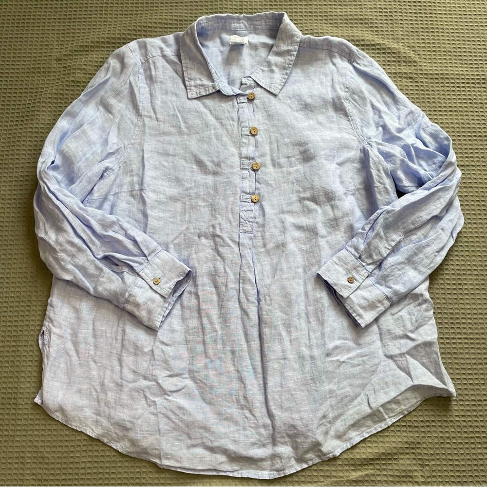 Sigrid Olsen 100% Linen Popover Tunic Blouse 1X Womens Pale Blue Roll Tab